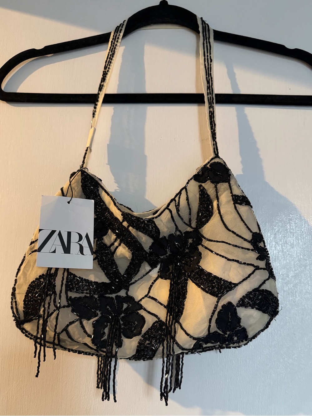 ZARA Cream Shoulder Bag with Black Beaded Embroidery